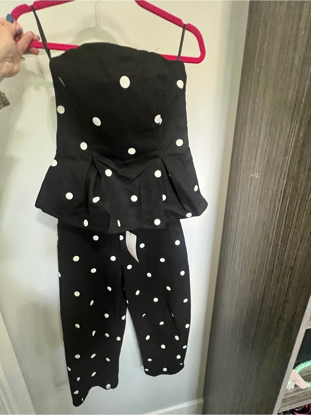 Black & White Polka Dot Strapless Peplum and Barrel Jeans 2 Piece Set Size M
